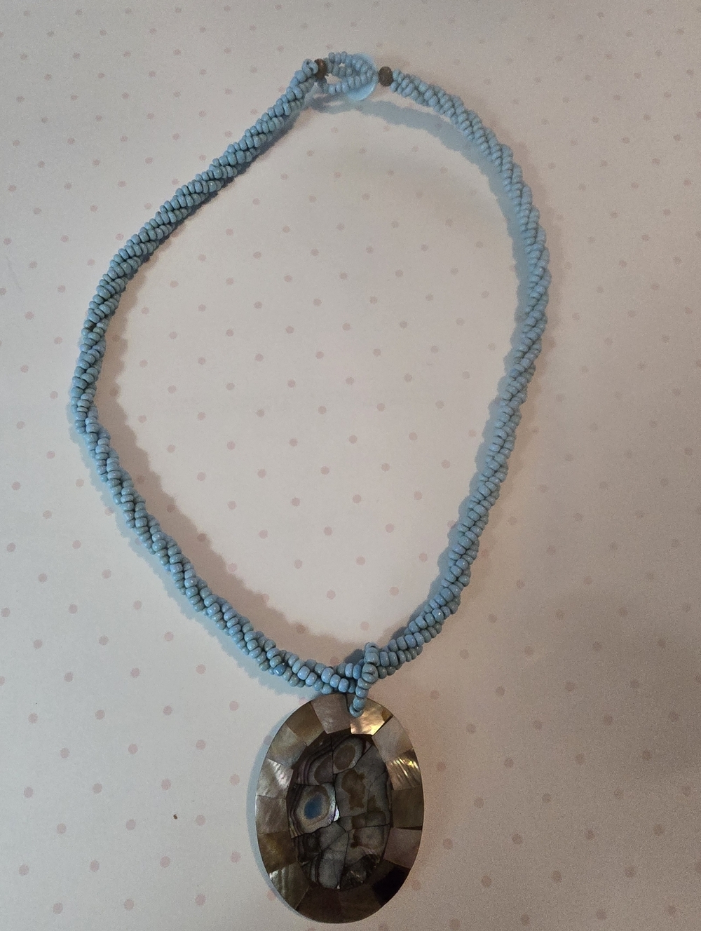 Vintage Turquoise Box Braided Twisted Seed Beads Mother Of Pearl Disk Pended